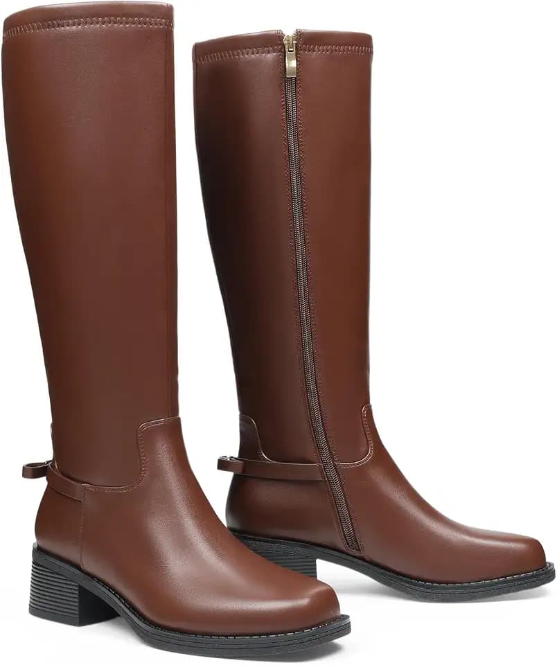 Knee High Boots for Women 1.7 Inch Block Heel Square Toe Flat Boots