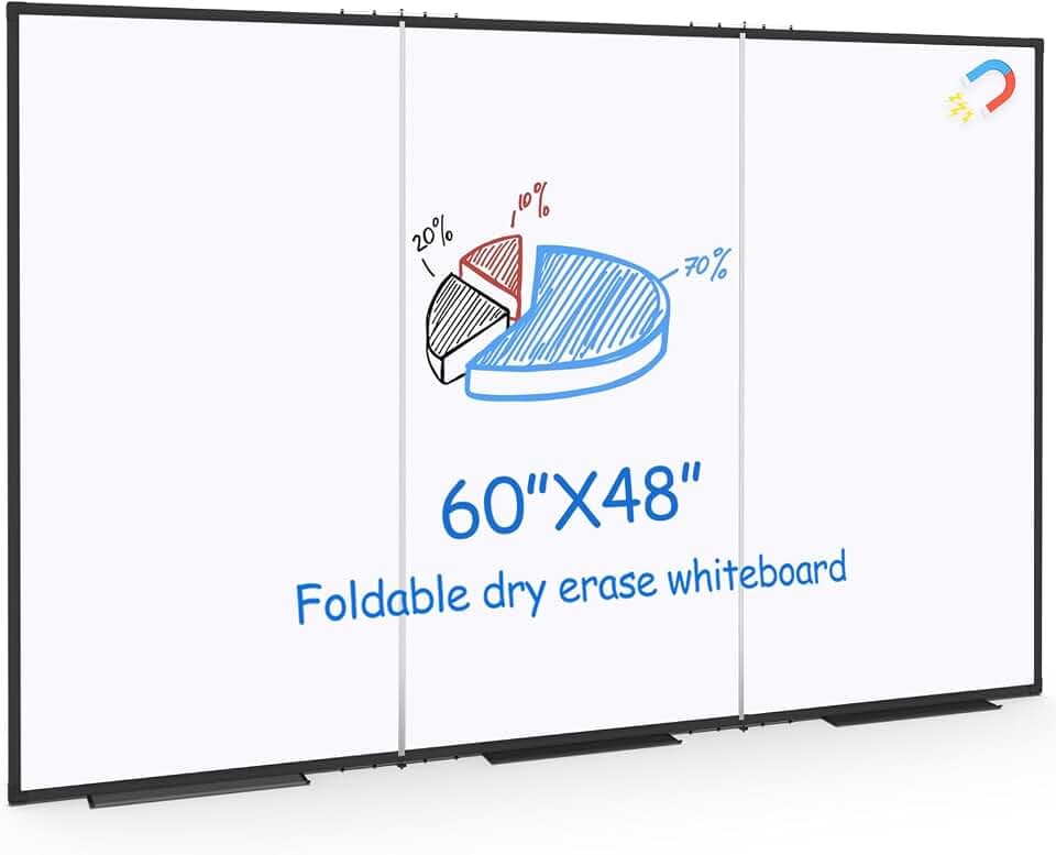 Large White Board for Wall,Magnetic Dry Erase Whiteboard,Foldable 60x48 Inches,Black Aluminum Frame, with 3PCS Detachable Marker Trays for Office and Home