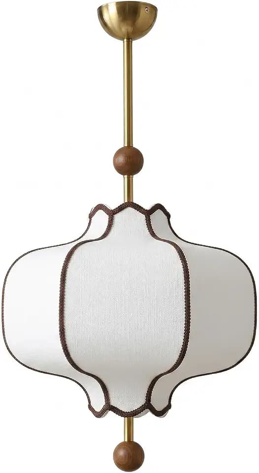 Modern Fabric Pendant Light, 15.7in Hang Pendant Lights with Fabric Shade, Wooden Grain Finish, Adjustable Length Hanging Lamp Chandelier for Dining Room, Kitchen Island Light Fixture for Bedroom
