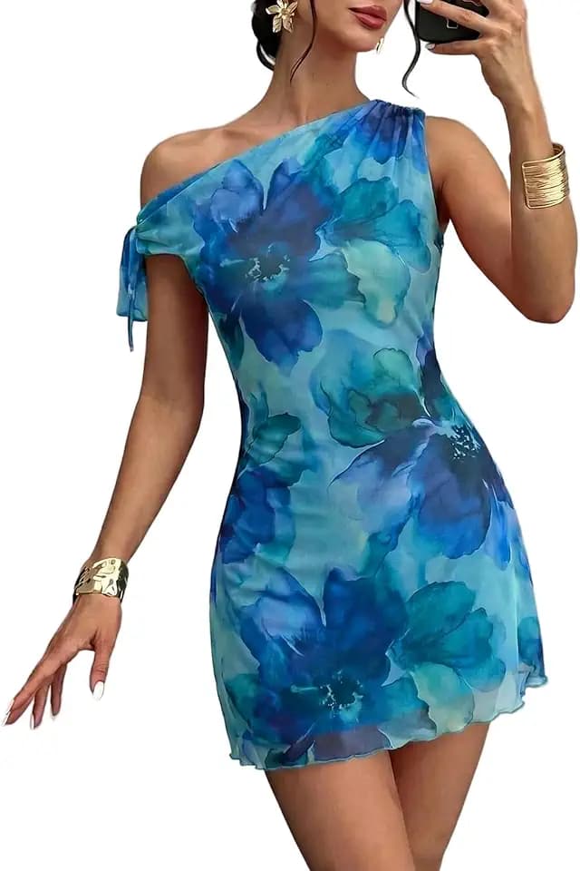 Acelitt Women One Shoulder Mesh Mini Dress Summer Fashion 2026 Sleeveless Ruched Bodycon Cocktail Party Floral Dresses Blue Medium