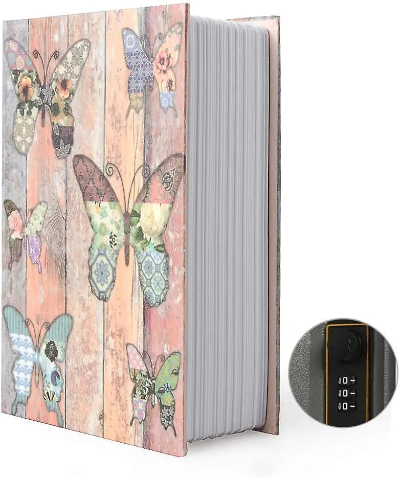 PACOLO Small Diversion Book Safe Storage Box, Metal Can with Security Combination Lock/Key, Hidden Safe (Combination, Butterfly)