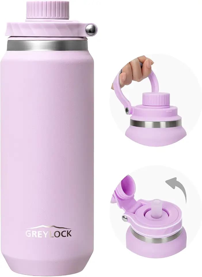 GREYLOCK 32 oz Insulated Water Bottle with Straw Lid, Leakproof Reusable Stainless Steel Vacuum Flask, 24hr Cold & Hot, Carry Handle & Silicone Spout, BPA-Free for Gym, Hiking, Travel, Purple