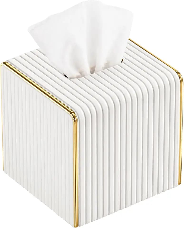 White Tissue Box Cover Square,Cube Tissues Holder with Gold Edging