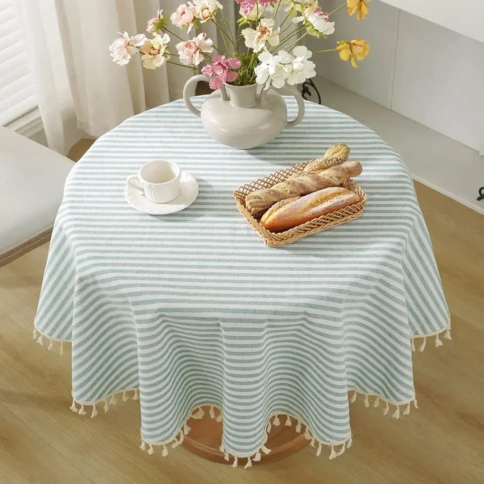 meioro Round Tablecloths Striped Tablecloth Cotton Blend Table Cloth Washable Tabletop Decorative Fabric Table Cover for Kitchen Dinning (Green, Round 47 Inch)