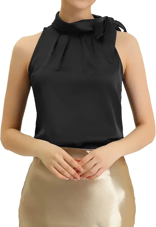 Allegra K Women's Satin Tank Tops Bow Tie Mock Neck Sleeveless Work Blouse