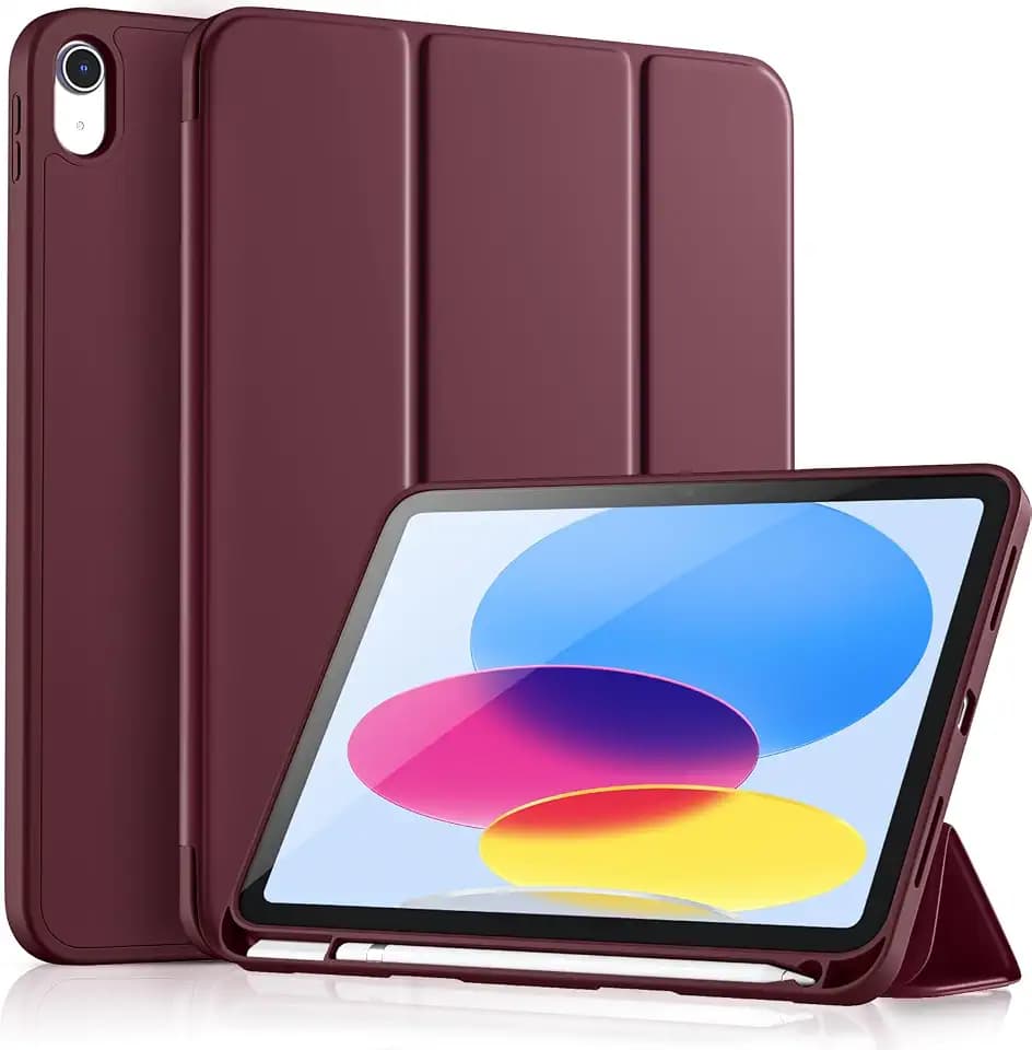 Vobafe Hülle Kompatibel mit iPad A16 11 10 Generation Modell 2025/2022 | 10,9/11 Zoll, Flexible TPU Rückseite, stoßfeste Schutzhülle mit stifthalter, Auto Schlafen/Wachen, Weinrot