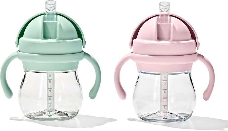 OXO Tot Transitions Straw Cup with Handles, 6 oz, 2-Pack, Opal and Blossom