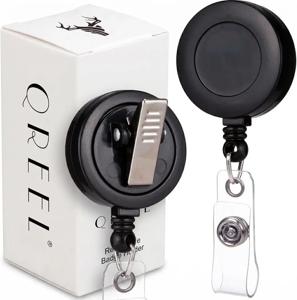 QREEL Badge Reel, ID Badge Holder Retractable Clip, Black, 2 Pack