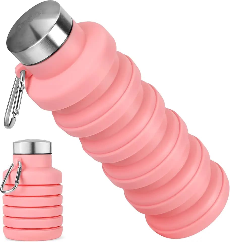 Collapsible Water Bottles, 16oz Foldable Silicone Travel Water Bottle with Carabiner, Wide Mouth, Leak-Proof, BPA-Free for Hiking, Camping, Travel - Pink