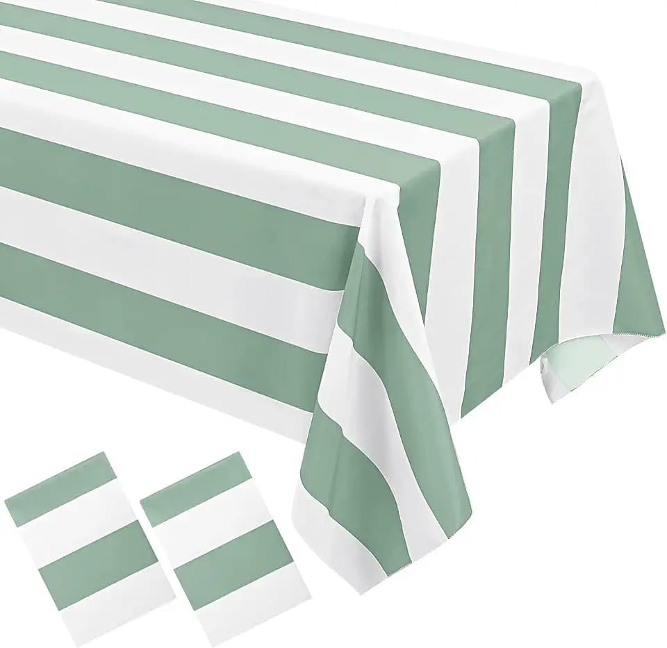 Striped Tablecloth,Green and White Table Cloth,2 Pcs 54x108 Inch