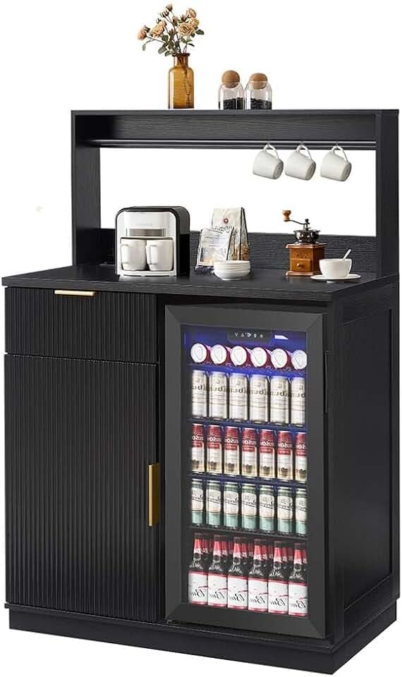 Coffee Bar Cabinet with Mini Fridge Space and Power Outlet, 39" Matte Black Wood Grain Finish Kitchen Cabinet with Drawer Storage and Adjustable Shelves for Dining Room