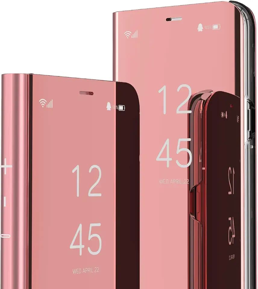 QIWEIQING Kompatibel mit iPhone 15 Hülle, Buchstil Spiegel Handyhülle Makeup Clear View Ständer Schutzhüllen Flip Tasche Etui für iPhone 15 Flip Mirror Rose Gold QH