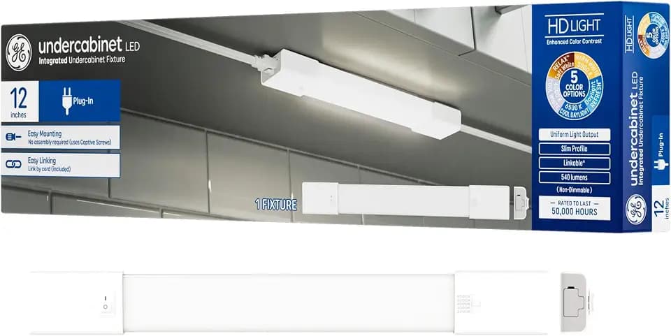 GE LED HD+ Undercabinet Light Fixture, Linkable Integrated Slim Profile Fixture for Kitchens, High Definition Light in 5 Color Temperatures, Plug-In, 12in (1 Pack)