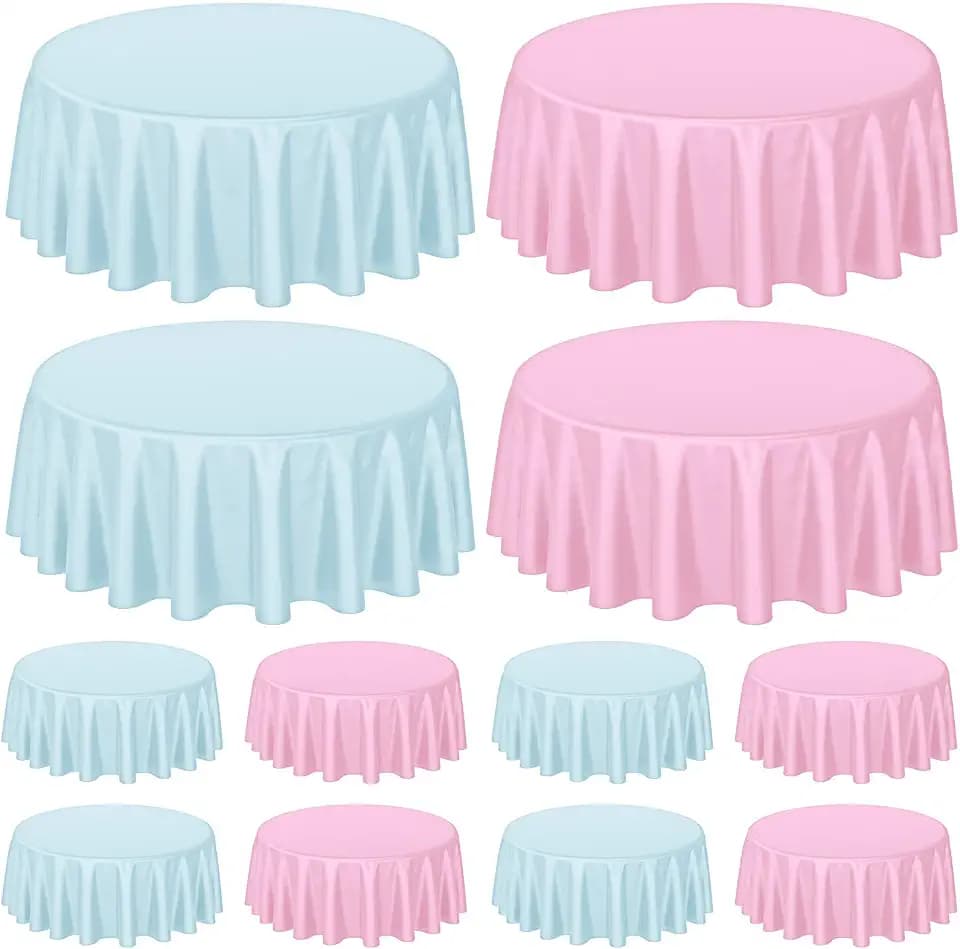 Buryeah 12 Pcs 84 Inch Blue and Pink Round Plastic Disposable Table Cloth Waterproof Tablecloth Circle Table Covers for Bridal Wedding Birthday Party Gender Reveal Baby Shower