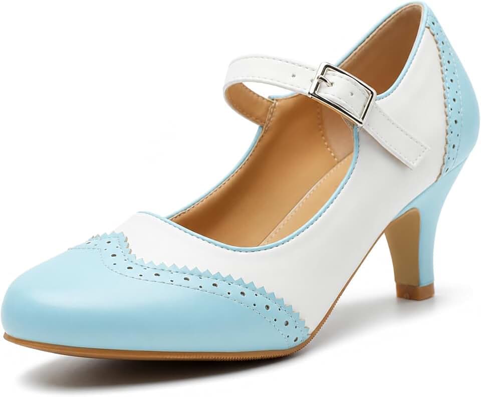 Women's Mary Jane Double-Tone Oxford Pumps Comfortable Low Kitten Heels Retro Ankle Strap Round Toe Dress Shoes