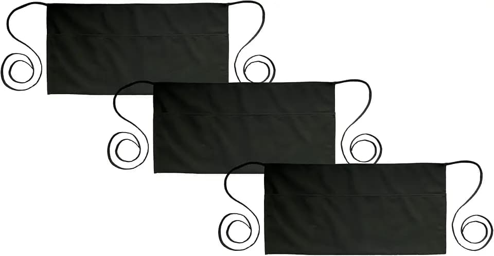 PLOYMONO 3P Black Server Apron with 3 Pockets, Short Waist Waitress Apron