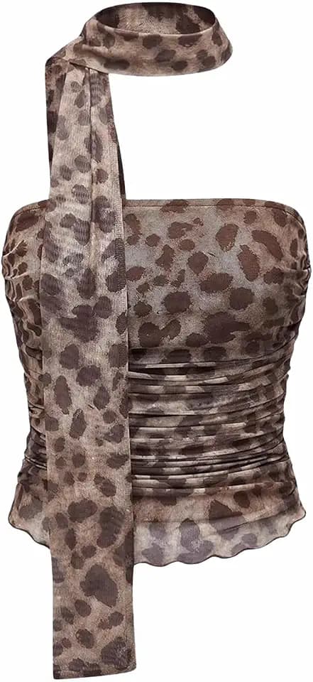 Women's Leopard Print Tube Top Cheetah Print Top Ruched Strapless Mesh Halter Tops for Women Going Out Party
