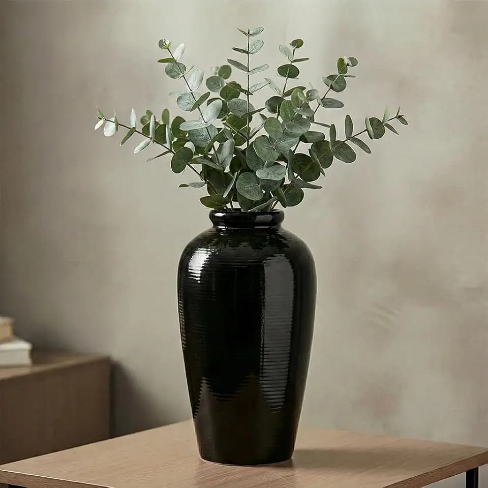 Black Vase for Home Decor, 11 Inch Tall Ceramic Flower Vases for Centerpiece, Modern Decorative Minimalist Vase for Pampas Grass, Textured, Living Room, Entryway, Kitchen Counter Decor