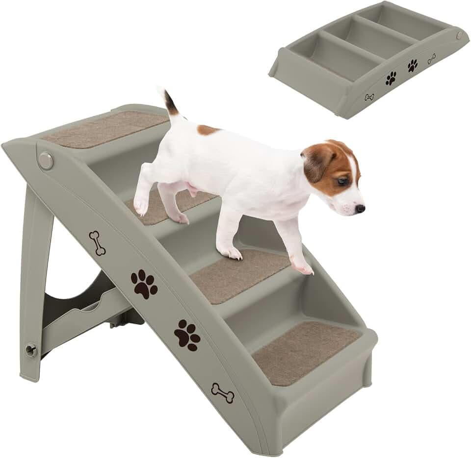 COSTWAY 4-stufige Haustiertreppe mit Teppichboden, Hundetreppe Kunststoff Katzentreppe faltbar, Hunderampe tragbar Tiertreppe für Hunde und Katzen, Tierrampe zum Klettern und Kratzen (Grau)