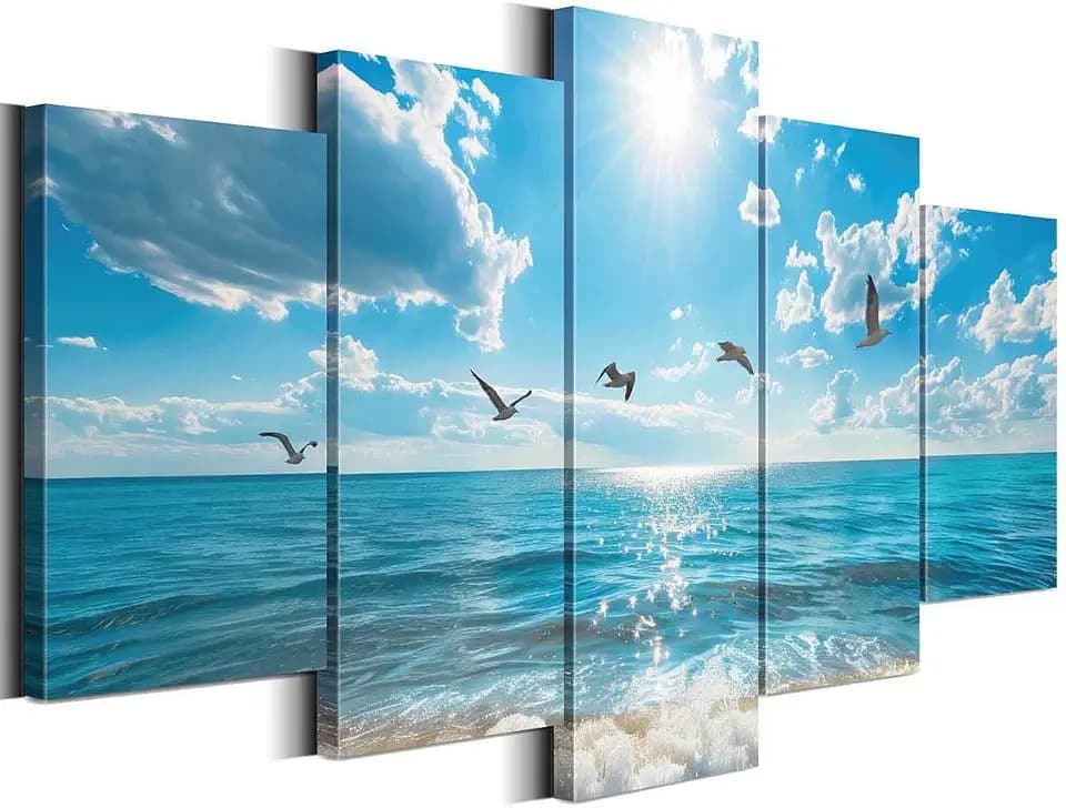 Oreichar Art Seascape Canvas Wall Art Prints 5 Pieces Sea Pictures Blue Sky Ocean Wall Decor for Bedroom Living Room Home (Small, Wrapped Canvas)