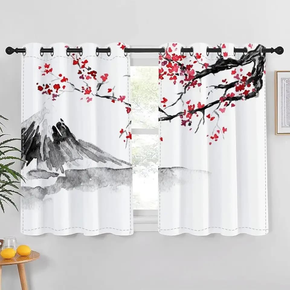 Red Plum Blossom Window Curtains Oriental Asian Chinese Traditional Ink Painting Classic Art Natural Creative Curtains Decor Japanese Ink Abstract Curtains Drapes,53x45 inch,2 Panels