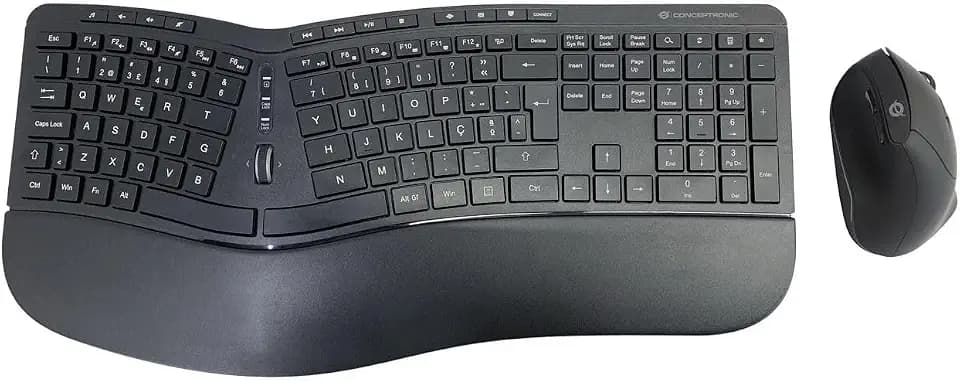 Conceptronic ORAZIO02PT Ergo Kabelloses Set aus ergonomischer Tastatur und vertikaler Maus, portugiesisches Layout, Schwarz