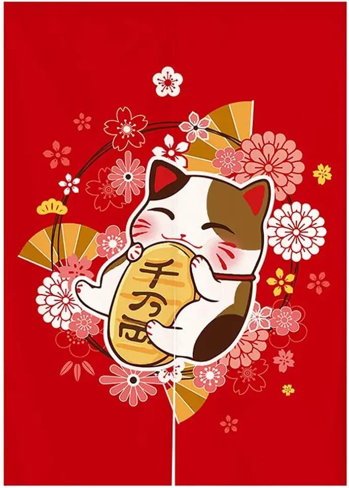 Japanese Noren Doorway Curtain Tapestry Maneki Neko Lucky Cat and Flower Printed Door Curtain Ukiyoe Room Divider Home Decoration, 33 x 59 inches