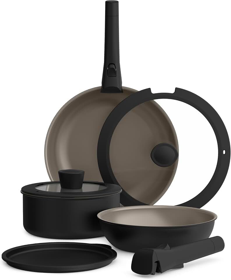 bella 8 Piece Removable Handle Ceramic Non-Toxic Cookware Set, Black