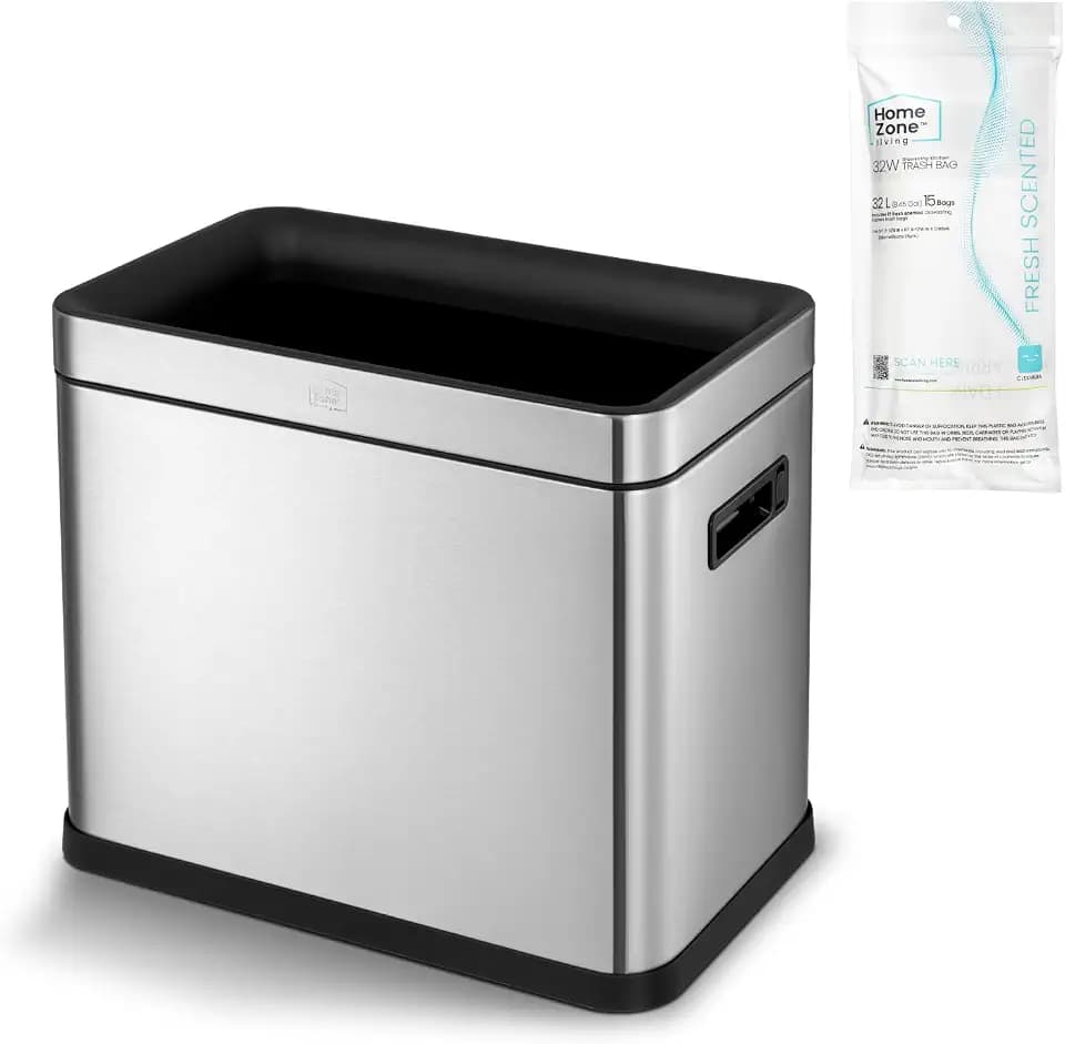Home Zone Living 9 Gallon Slim Kitchen Trash Can with Open Top for Commercial Use, Stainless Steel, Silver, 33 Liters