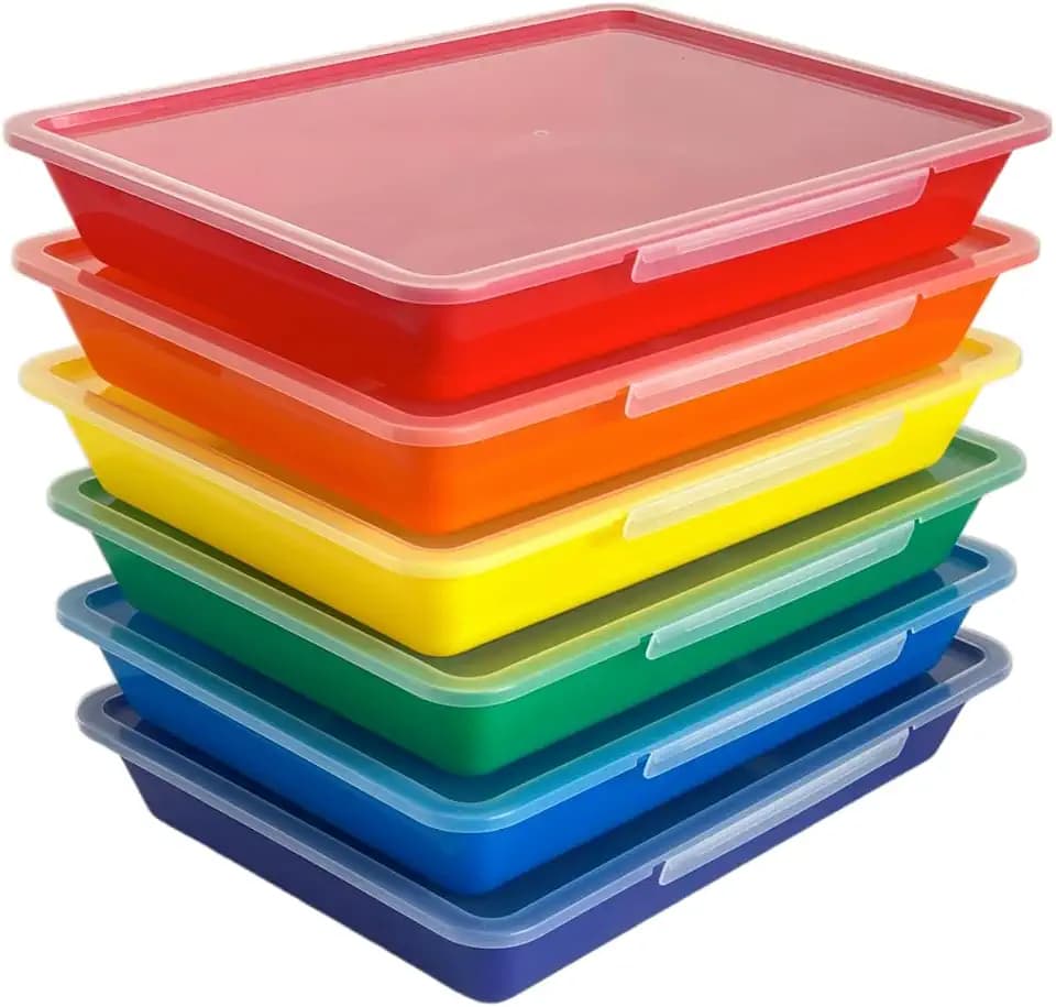 6 Pack Turn in Bins, A4 Letter Size Flat Storage Trays, (Rainbow, with Lid)