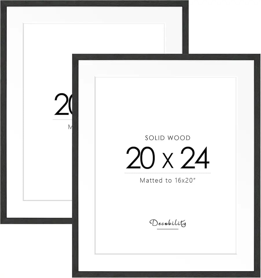 20x24 Solid Wood Poster Frame, Natural Wood Picture Frame with Paper Mat, Display picture 16x20 with mat or 20x24 without Mat, Set of 2 Black Picture Frame