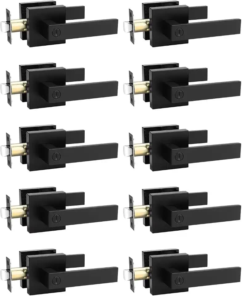 Tinewa 10 Pack Square Privacy Door Levers Locksets in Matte Black Finish, Bed/Bath Door Levers Keyless Interior Handles,Reversible for Left Right Handed Doors