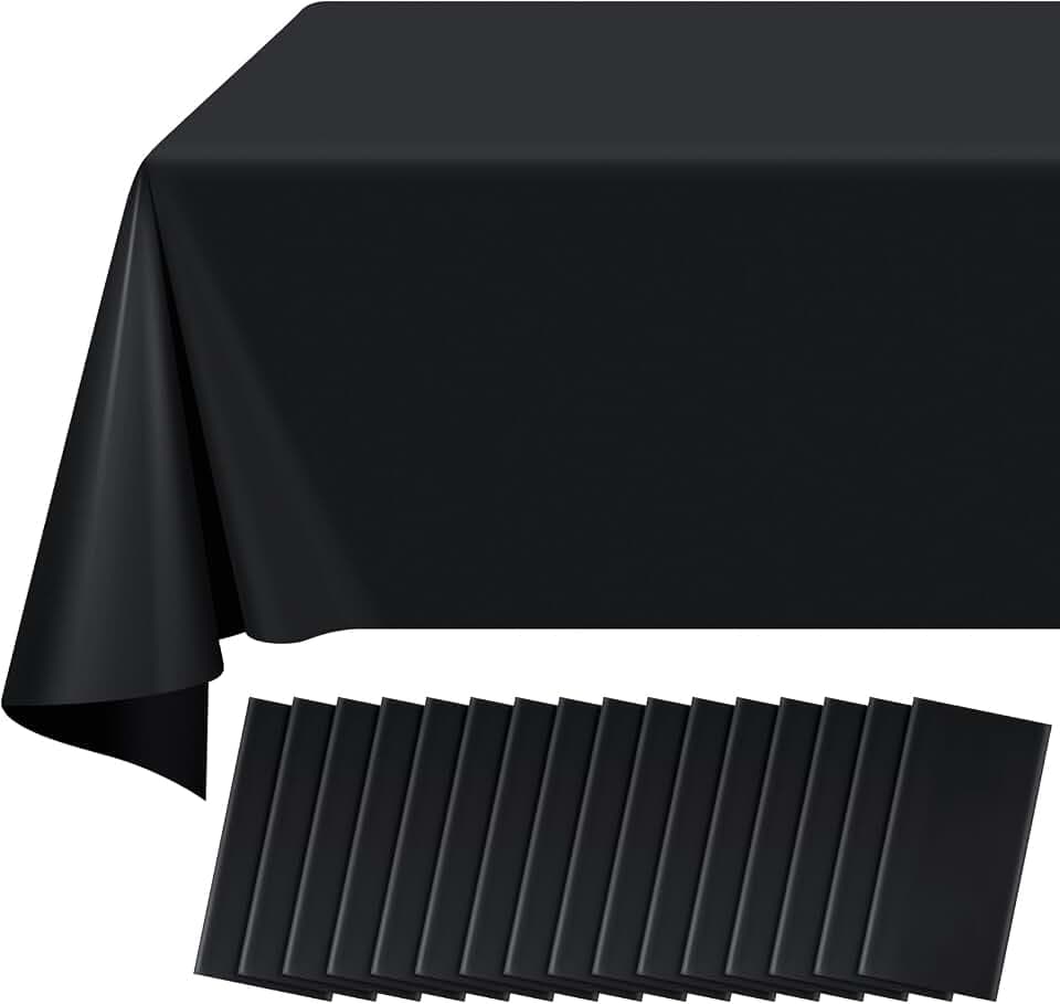 16 Pack Black Plastic Tablecloth for Rectangle Tables, Premium Decorative Black Disposable Table Cloths for Parties, Bulk Rectangle Party Table Cover for Birthday, Wedding, Anniversary, 54 x 108 Inch