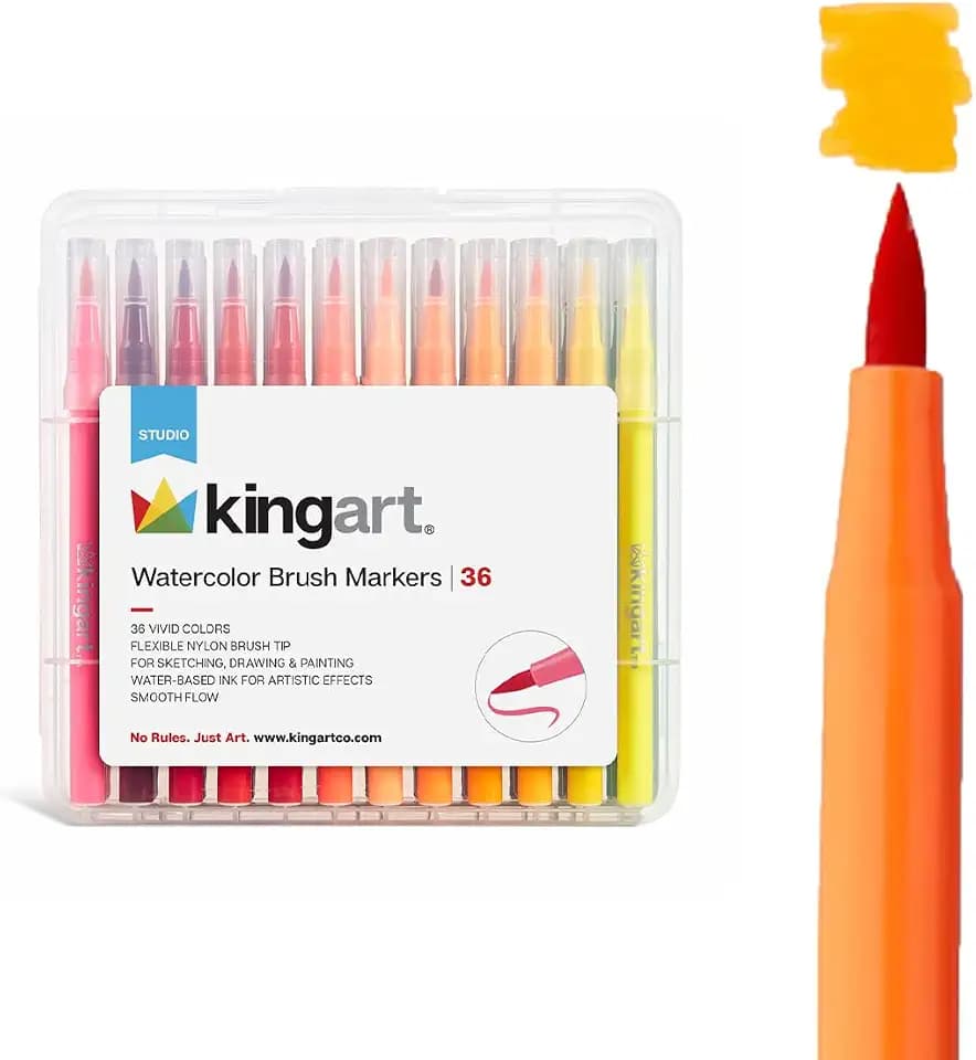 KINGART Watercolor Brush Markers, 36 Piece, Multicolor, 410-36