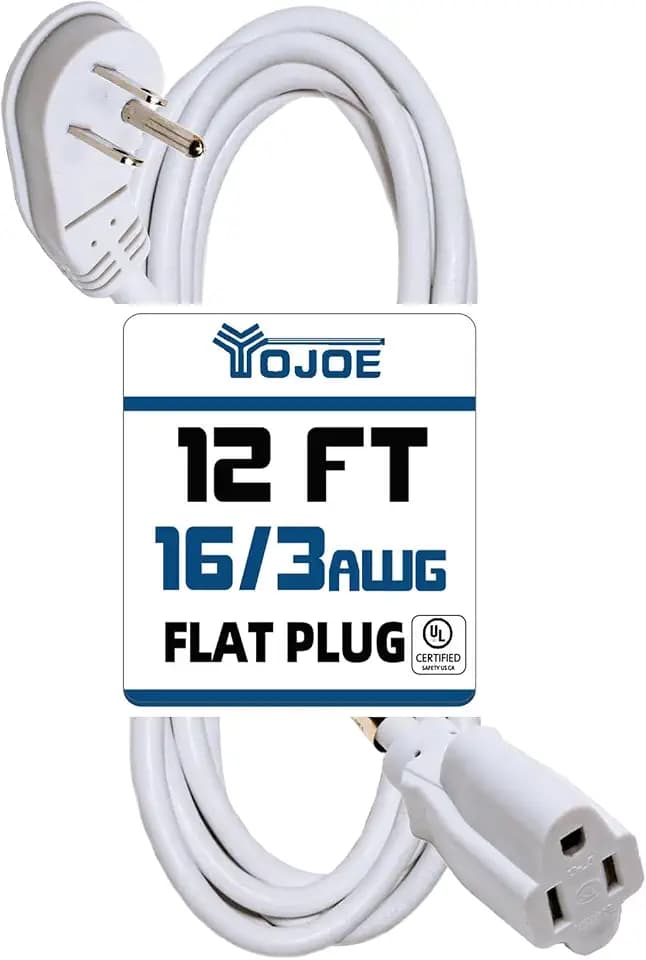 YOJOE Flat Plug Indoor Extension Cord 12 ft, 3 Prong 13A Power Cord, 16 Gauge Heavy Duty White Extension Cord for Garage, Garden and Home, 16/3 SJTW, UL Certified