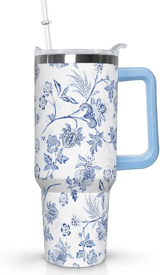 Ceovfoi 40 Oz Boho Flower Tumbler With Handle, Boho Floral Coffee Travel Mug Cup Water Bottle, Floral Gifts for Women
