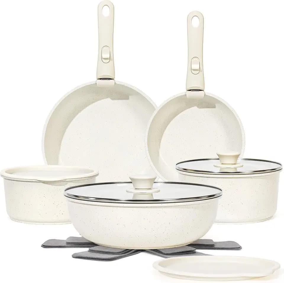 SODAY 15Pcs Stackable Nonstick Cookware Set with Removable Handles