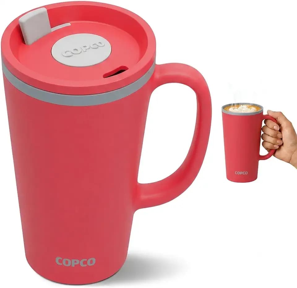 Copco 16 Oz Cone Travel Mug - Handle & Slide Closure (Coral Red)