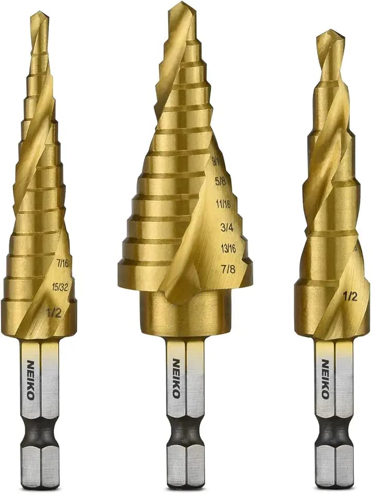 NEIKO 10181A Step Drill Bit Set, 3 Piece, Spiral Grooved for Faster Drilling, Step Bits for Stainless Steel, Metal, Wood, Plastic, Unibit Cone Drill Bits with 31 Step Sizes Total