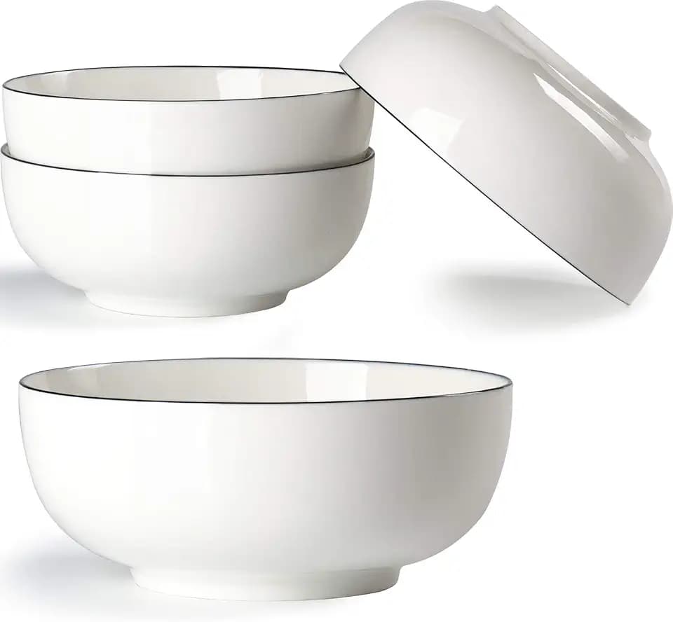 Hesen 40 Ounce Large Soup Bowls, Large Cereal Bowls, Large Pho Bowls, Durable Porcelain Rimmed Off-White Bowls Set of 4, 7 Inch