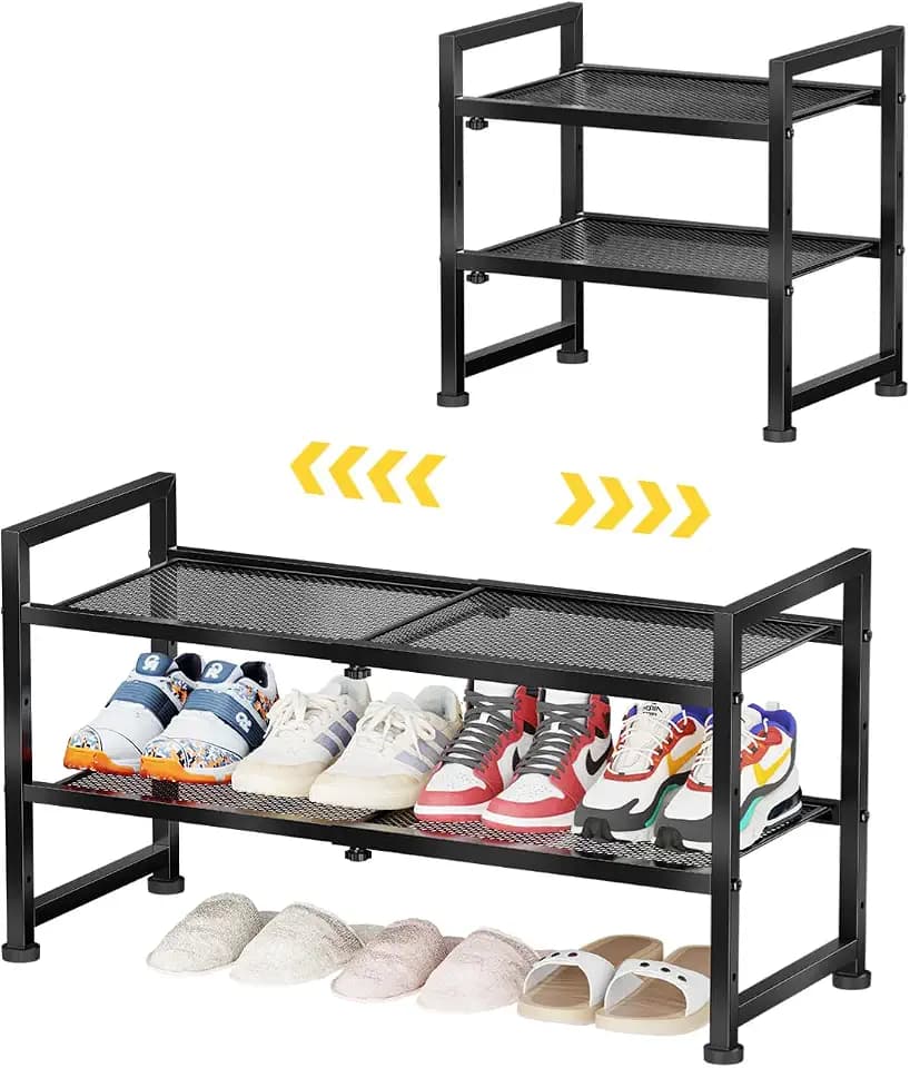 2 Tier Expandable Shoe Rack for Closet & Entryway, 17"-30.5" Adjustable Sturdy Metal Shoe Shelf with Sturdy Mesh Shelves for Heels, Easy Assembly, Black