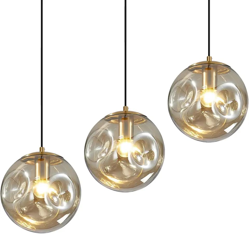 Modern Amber Concave Glass Pendant Light, 3-Pack Kitchen Island Lighting Single Globe Pendant Light Fixtures Century Kitchen Island Pendant Light for Bedroom Dining Room Light (Without Bulbs)