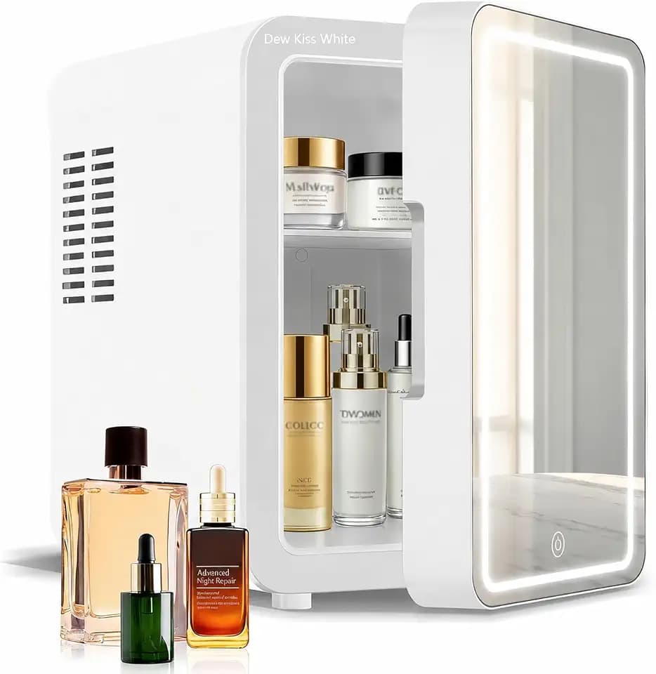 Lispin Skincare Fridge With Dimmable LED Light Mirror, 4L Makeup Mini Fridge for Bedroom, Car, Office & Dorm, Portable Small Refrigerator (White-4L-A)