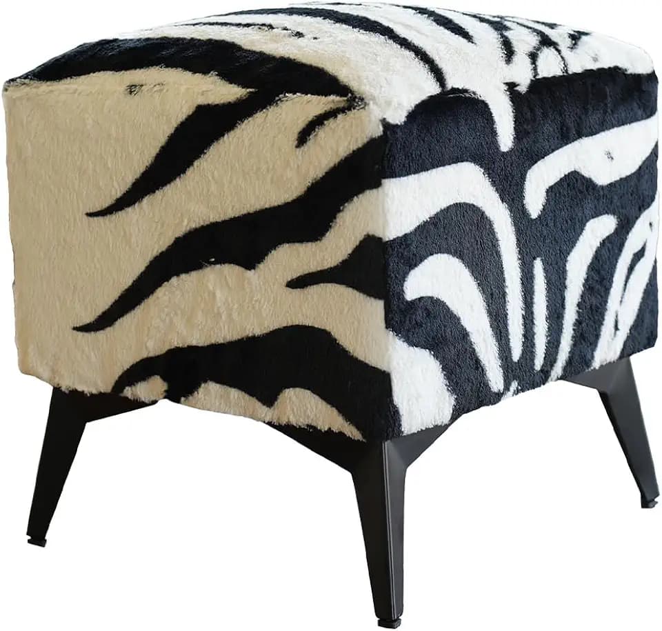 Zebra Print Velvet Ottoman, Upholstered Footstool, Western Style