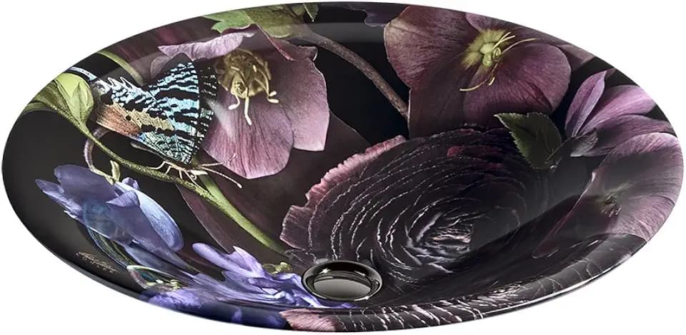 KOHLER K-30333-DM2-0 Dutchmaster Midnight Floral Carillon, ARTIST EDITIONS Round Wading Pool Vessel Bathroom Sink, White