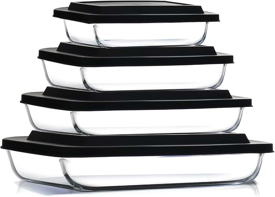 Nestl 8pc Glass Baking Dishes for Oven, Glass Food Storage Containers with Lids, Leakproof Casserole Dishes for Oven with Lid, Cooking, Microwave Oven Freezer Safe Bakeware, 9x13 Lasagna Pan Black