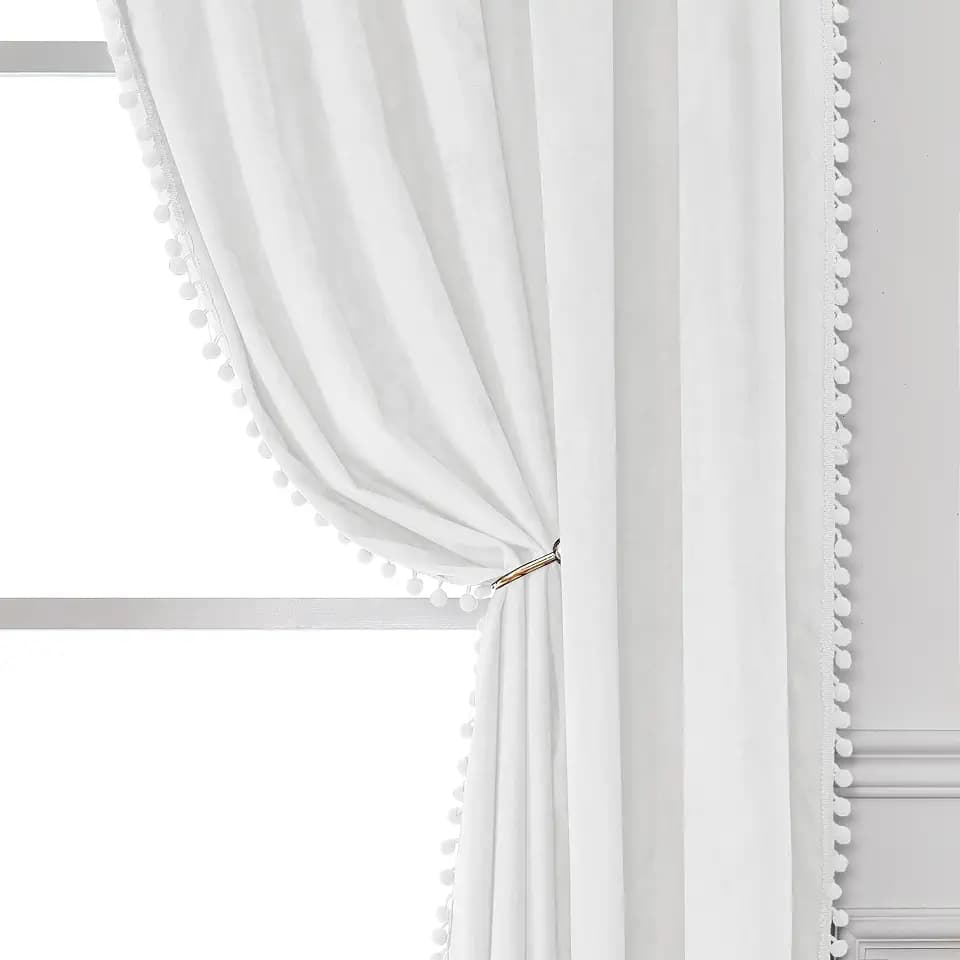 Victree Pom Pom Velvet Curtains for Bedroom, Blackout Curtains 52 x 96 inch Length - Room Darkening Sun Light Blocking Rod Pocket Window Drapes for Living Room, 2 Panels, White