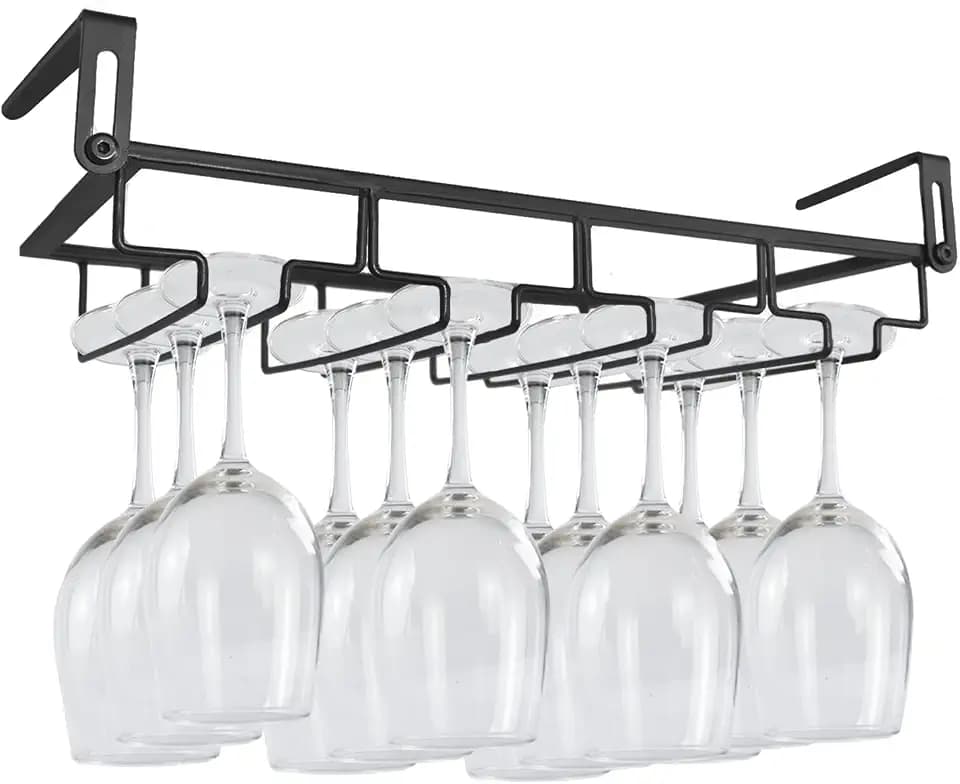 Adjustable Under Cabinet Stemware Holder - Metal Wine Glass Hanger Organizer for Kitchen, Bar, Shelf - Rustproof Hanging Storage Rack for 6-8 Glasses - Space Saving Decor (Black, 4 Rows)
