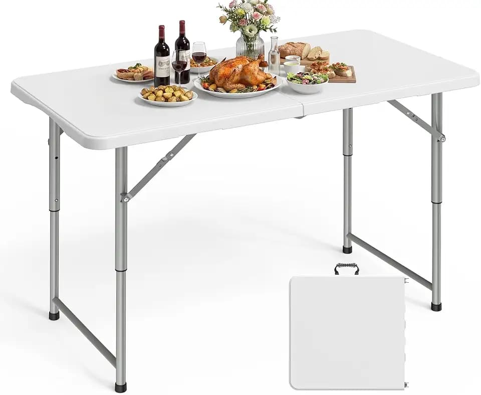 Pureegg 4FT Folding Table - No Assembly Required, Versatile Dining Table with Carrying Handle & Tabletop Safety Lock, Portable Foldable Table for Party, Craft, Camping, Picnic, White
