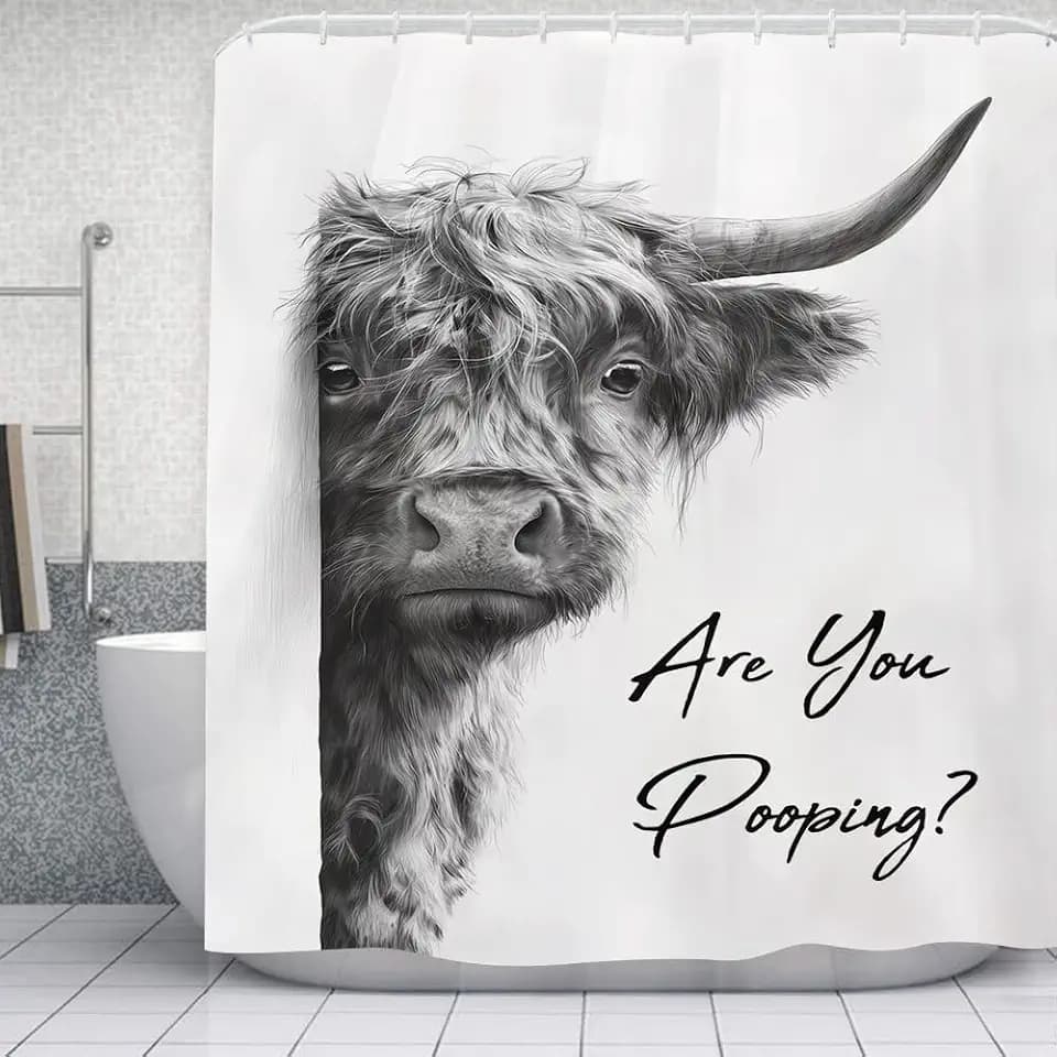Black and White Highland Cow Shower Curtain Funny are You Pooping Bath Curtains Farmhouse Bathroom Decor Cute Animal Toilet Decor Water Resistant Fabric with 12 Hooks 72"x72"